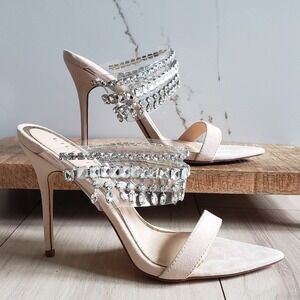Liliana Heels Womens 7.5 Nude Clear Rhinestone Strap Suede Stiletto Party